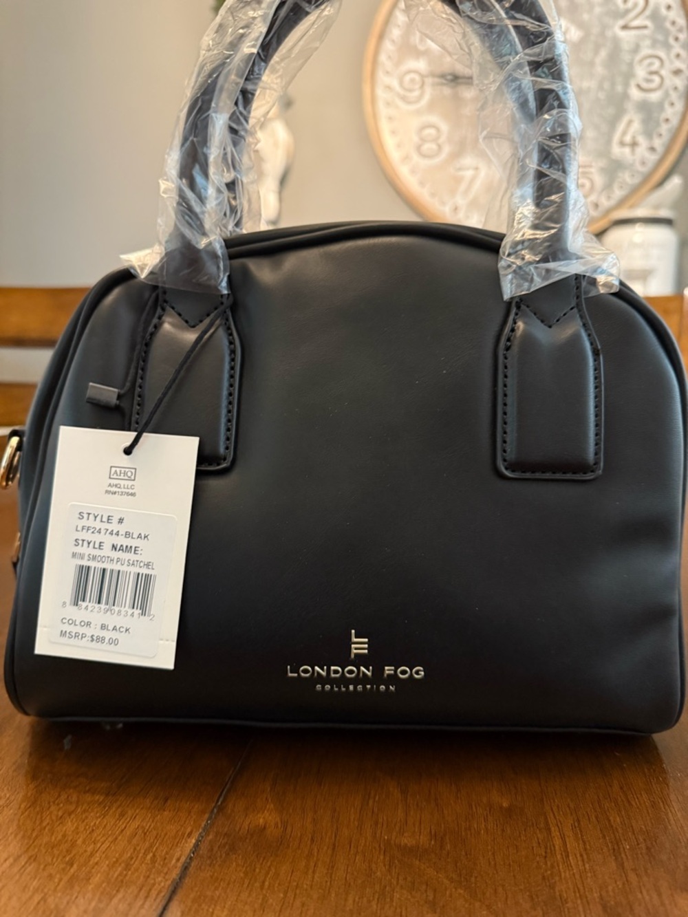 London Fog Black Leather-Look Handbag with Gold Logo